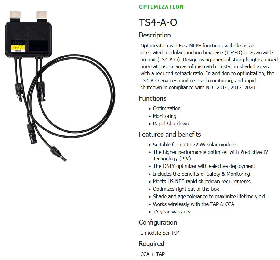 Tigo TS4-A-O Module-level optimization, monitoring, and rapid shutdown.